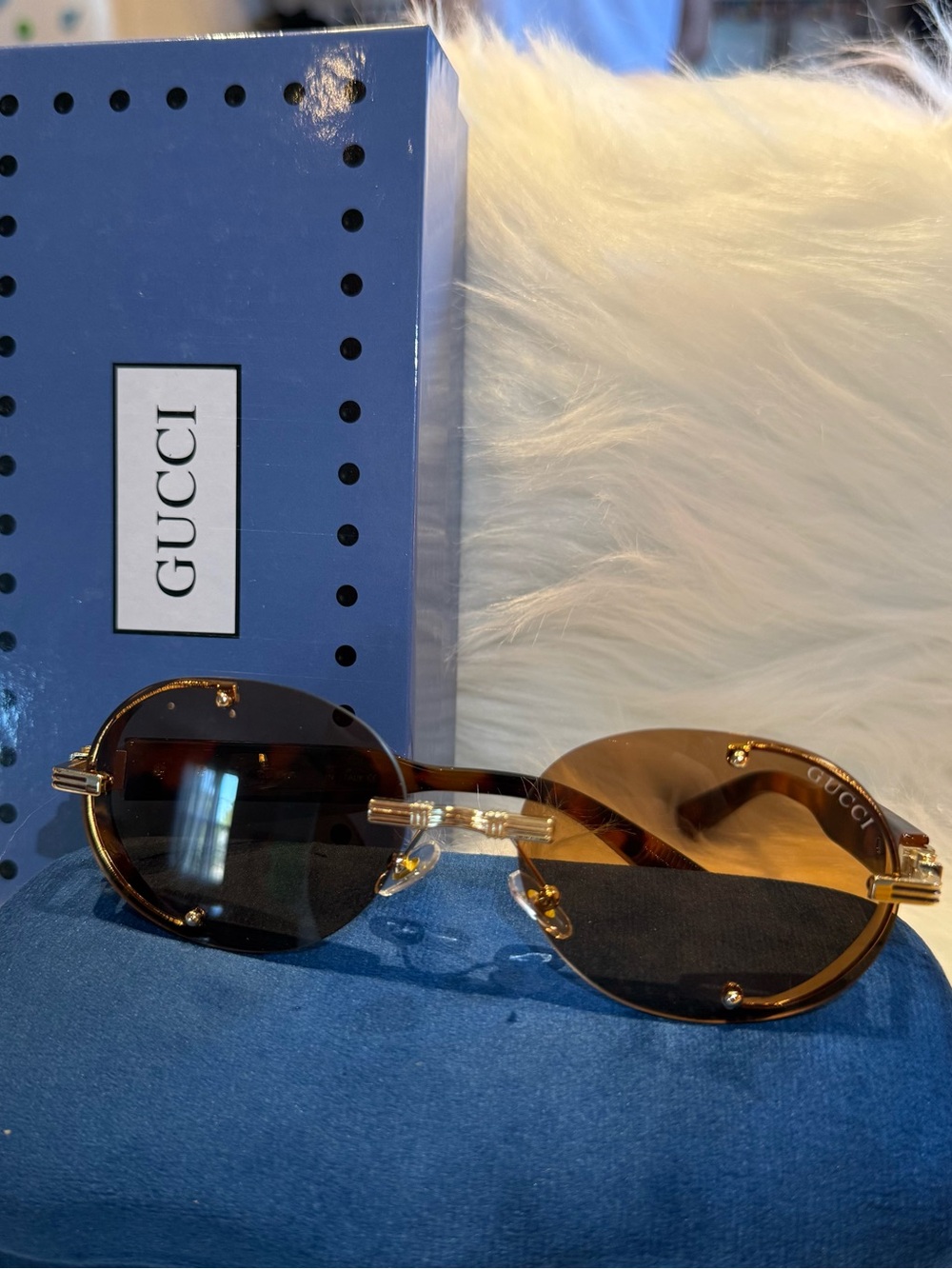 Gucci Brown Rimless Oval Sunglasses with Gold Accents